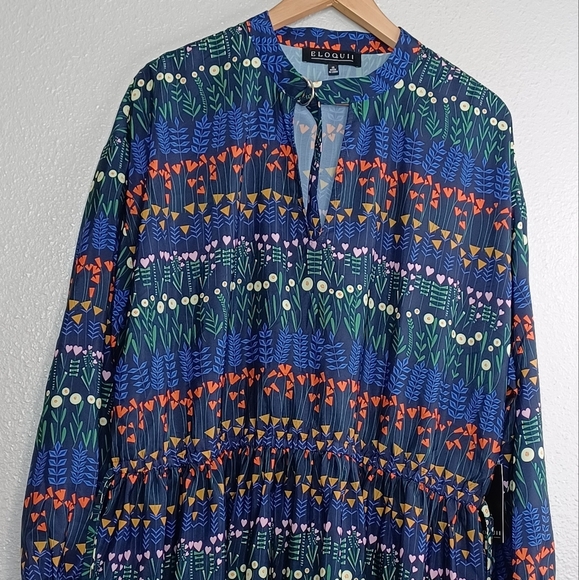 NWT Eloquii Floral Long-sleeved D-Ring Adjustable Keyhole Choker Midi Dress - Picture 4 of 16